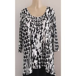 NY Collection Womans 3X Bejeweled 3/4 Sleeve Black & White Blouse